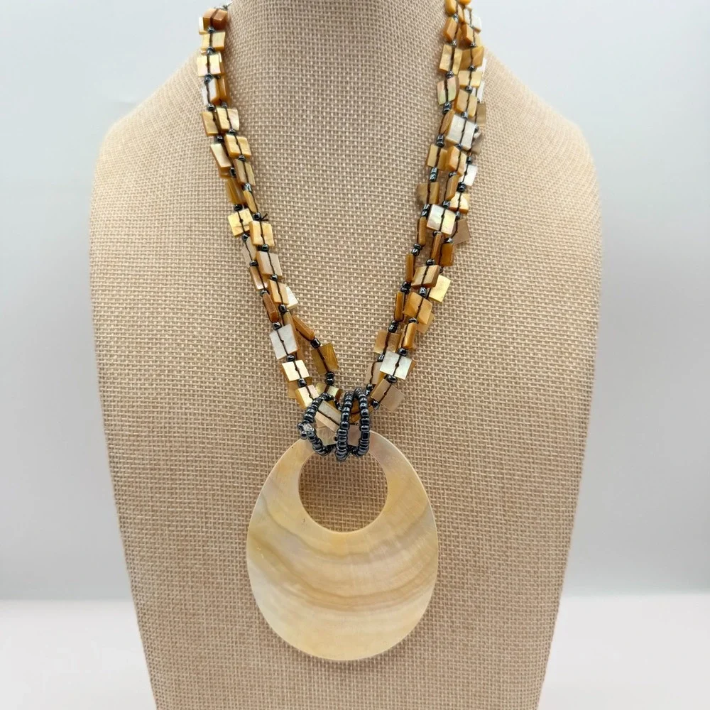 VTG 90s Silver Tone Beaded Mother of Pearl Pendant Necklace Statement Jewelry